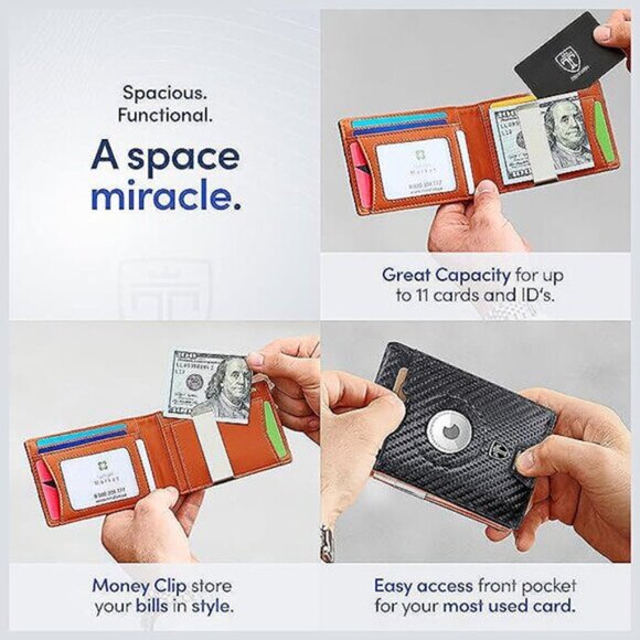 TRAVANDO AirTag* Wallet Mens Wallet with Money Clip Air , Carbon & Orange - Picture 4 of 6